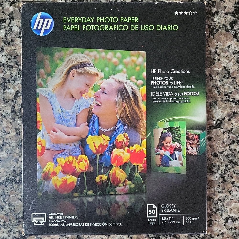 HP Everyday Photo Paper contains 43 new sheets 8.5" x 11 GLOSSY works with all